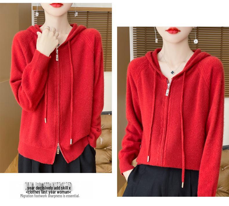 Dámský vlněný svetr podzim 2025 - Jednobarevný, na zip, s kapucí, přiléhavý pletený oděv.
