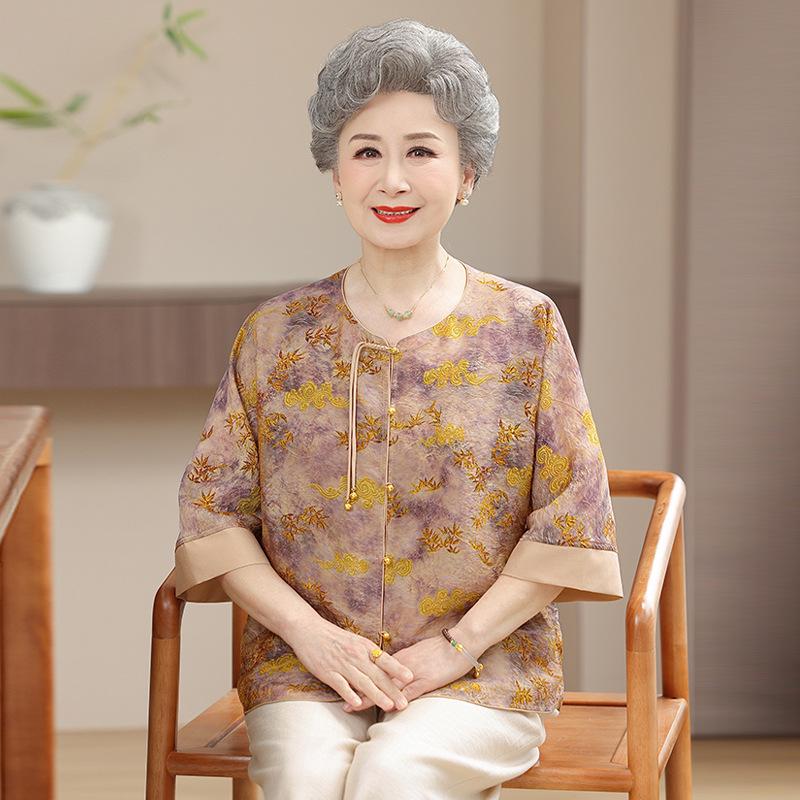 

Elegant Summer 2026 Imitation Silk Shirt for Middle-Aged and Elderly Women 4XL (140-160 lbs)