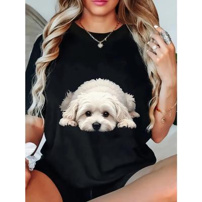 Kadın Günlük Bol T-Shirt Siyah Sevimli Maltese Köpek Baskılı Günlük Giyim ve Evcil Hayvan Severler İçin