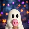 Halloween Cute Ghost Figurine PLA Statue with Pink Skull Ice Cream Mini Spooky Desktop Ornament for Home Party Decoration Gift