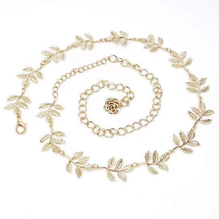European and American Big Brand Leaf Decoration Gold Dress Thin Waist Chain Women's Decoration Elastic Metal Waist Chain Waist Decoration