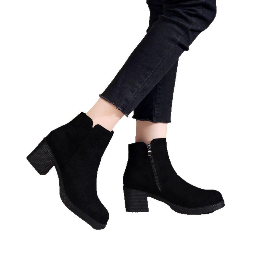 Spring and Autumn Frosted Temperament Fleece Medium Heel Boots Thick Heel Simple Suede Martin Boots