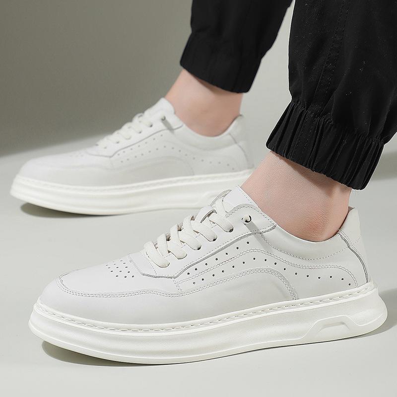 New Shoes for Men Genuine Leather Casual Shoes Thick-soled White Flat Skateboard Shoes Youth Lace-up Sneaker