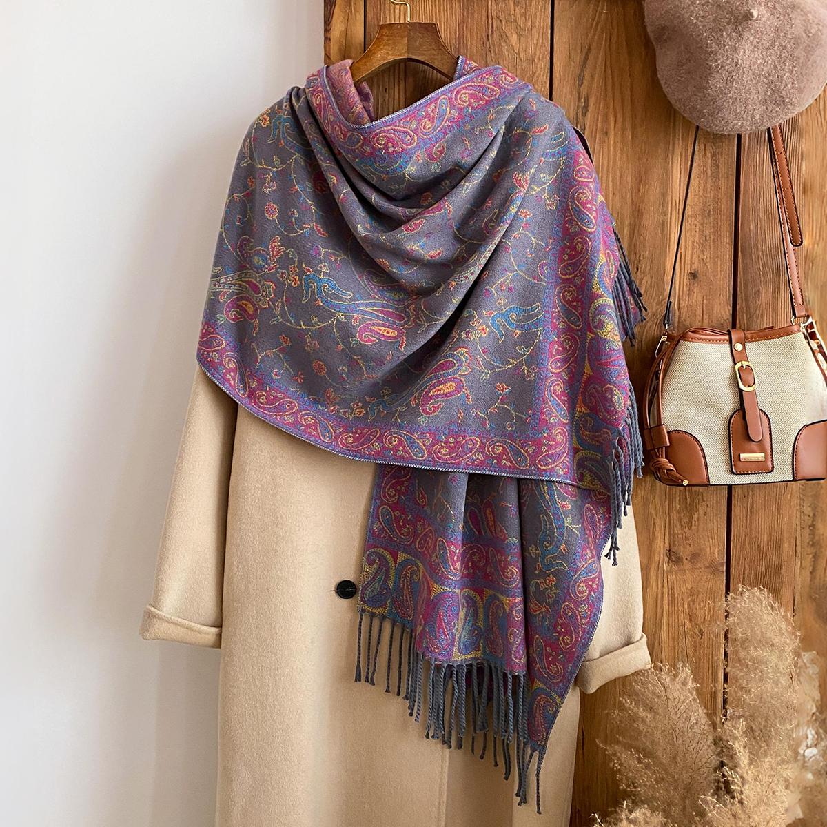 

Women S Winter National Style Paisley Print Thick Pashmina Shawl Warm Long Tassel Scarf Cold-Resistant Poncho Stoles
