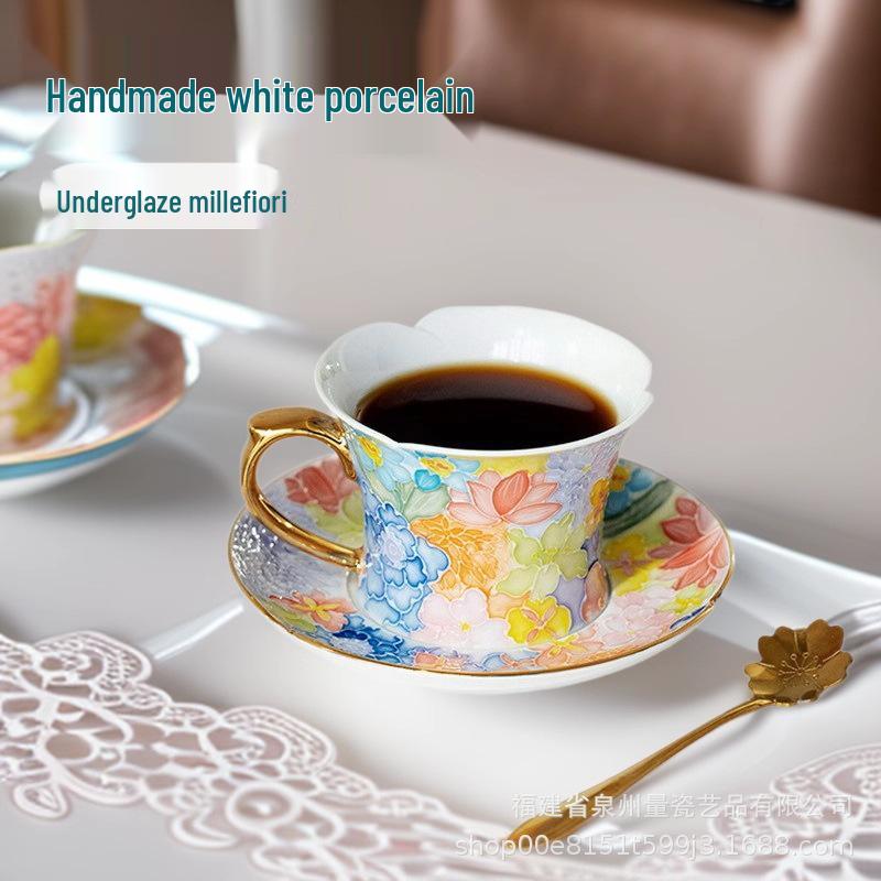 

Hand-Painted White Porcelain Cup & Saucer with Wanhua Embossed Design Wanhua Coffee Cup + Spoon (Gift Box)