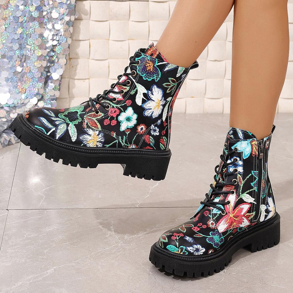 Fashion Women's Flowers Printed Short Boots Autumn Winter New Fashion Comfortable Casual Shoes Thick Middle Heel Side Zip Ankle Botas