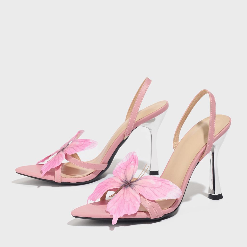 Ladies pointed three-dimensional butterfly decoration electroplated heel stiletto sandals women's shoes pink high heels