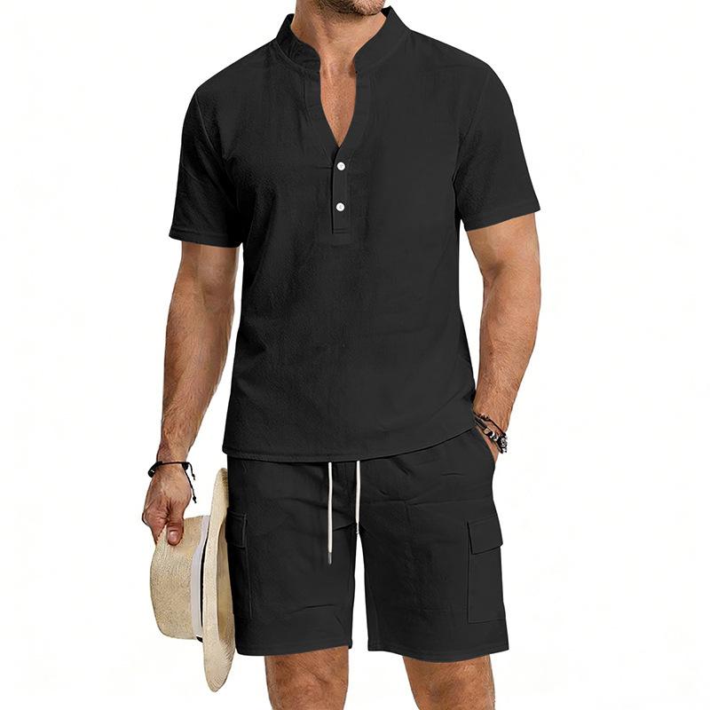 Spring and Summer New Men's Casual Henry Shirt Top Shorts Sports Suit