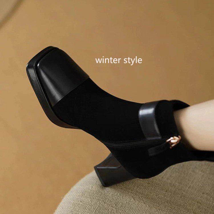 

Осенне-зимние сапоги из коровьей замши на высоком каблуке, женские, с квадратным носком, с боковой молнией, пряжкой на ремне, с застежкой на ремень, короткие сапоги на толстом каблуке 40