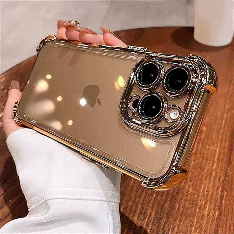 Luxury Plating Airbag Soft Silicone Case for iPhone 16 Pro Max 11 12 13 14 15 Pro Xs Max X Xr 16 Plus Glass Lens Protector Cover