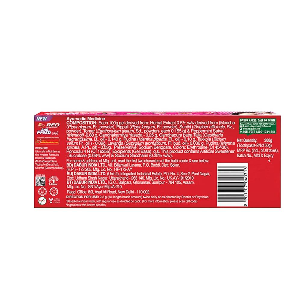 Dabur Red Bae Fresh Gel Toothpaste 300g Pack Of 2 | 12Hr Fresh Breath, Germ Protection, Plaque Control, Cavity Care & Gum Health