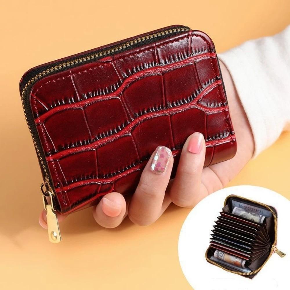 Vintage Mini Slim Card Holder with Zipper PU Zero Wallet Crocodile Pattern Multi Card Slots Thin Small Purse Driver License Case