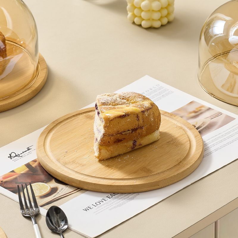 Simple Wood Round Fruit Dessert Tray Retro Bamboo Wood Cake Tray Home Living Room Table Fruit Snack Dessert Plating Glass Cover