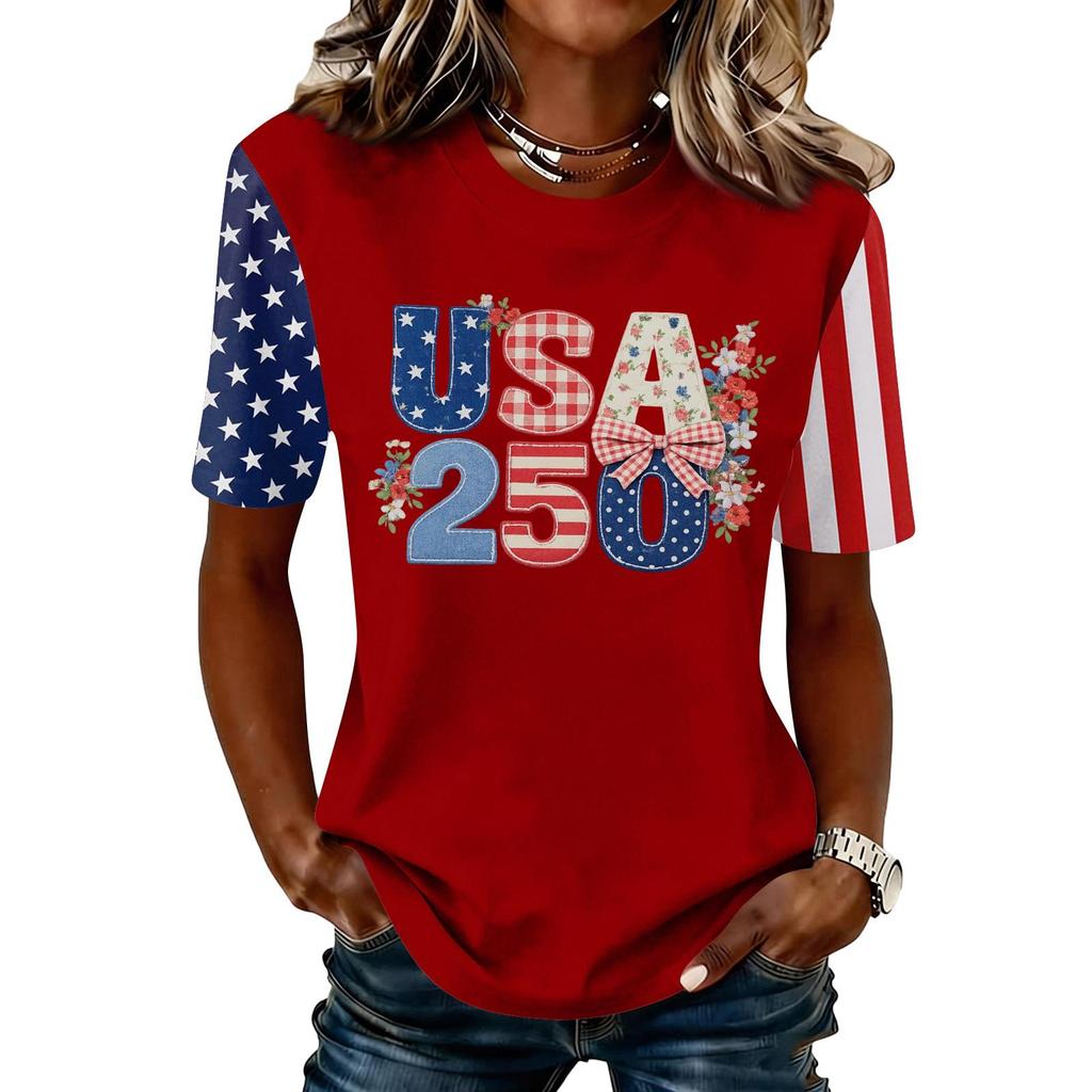 Blusa Feminina da Moda Casual de Manga Curta com Estampa e Gola Redonda
