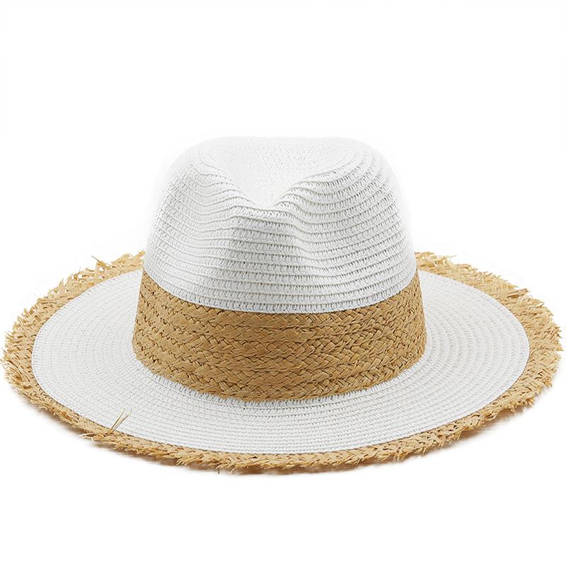 Hat Women's Summer Vintage Color Matching Straw Hat Rough Edge Sunscreen Sun Hat Women's Wide Flat-brimmed Hat Jazz Top Hat