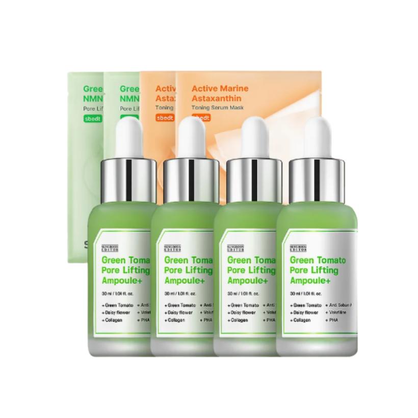 

SUNGBOON EDITOR [1+1+1+1] Green Tomato Pore Ampoule 30ml x 4 Set + 4 Mask Pack Gift Pore Tightening & Sebum Care
