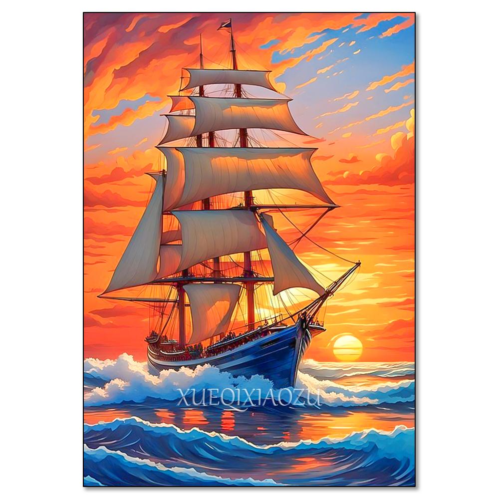 Cactus Sailboat Sunset 5D DIY Diamond Painting Kit Landscape Full Diamond Mosaic Cross Stitch Kit Room Decoration Gift