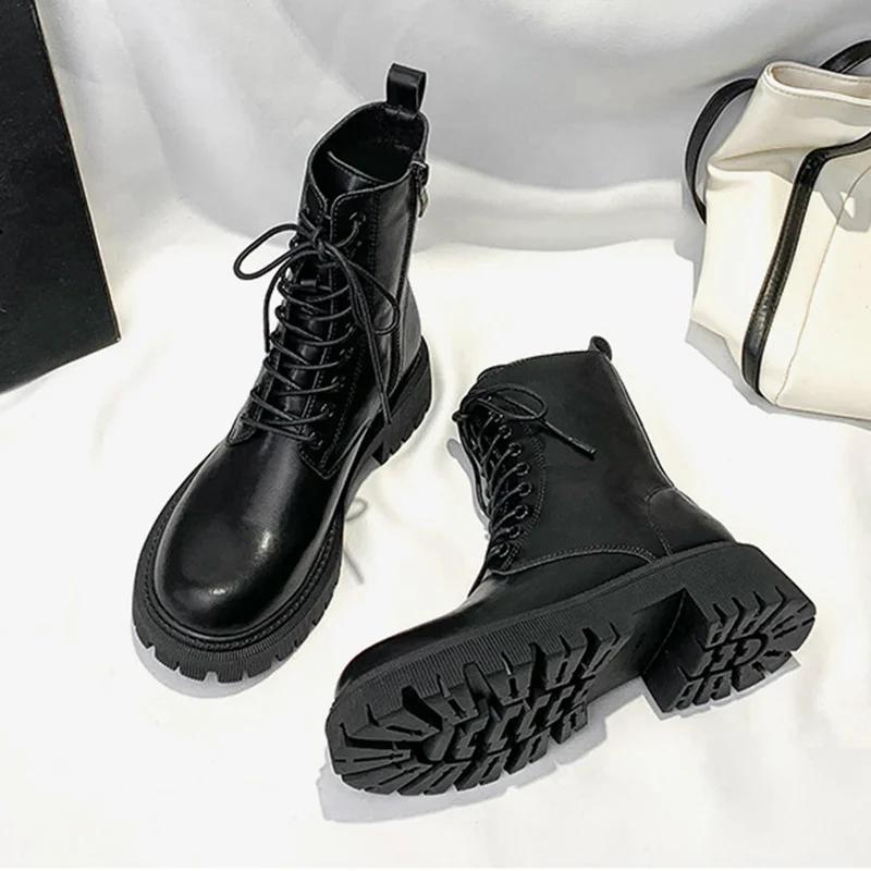 Brown Pu Leather Ankle Boots for Women 2026 Autumn Winter Short Plush Motorcycle Boots Woman Vintage Lace Up Zipper Shoes