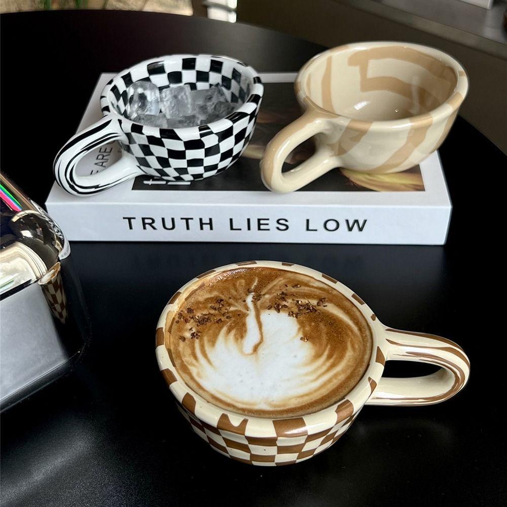 Plaid Irregular Chessboard Mugs Hand Pinched Breakfast Container Ceramic Coffee Cup  Home Decor