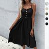 Women's Clothing, Summer New Button Cotton and Linen Skirt, Suspender A-word Dress