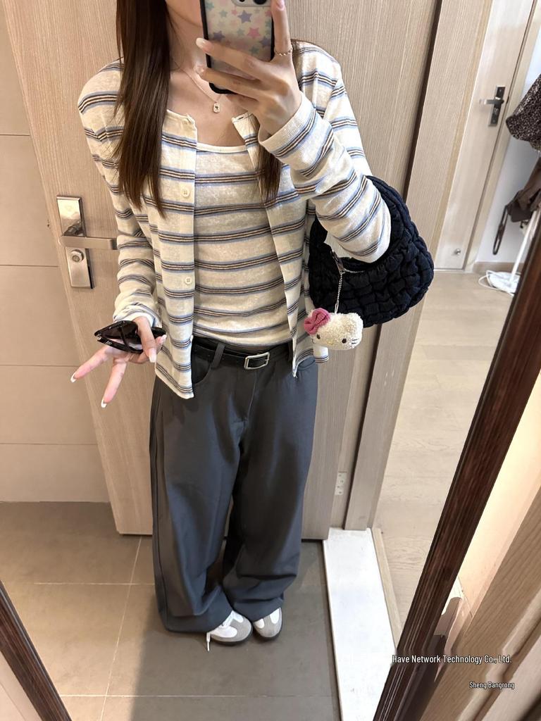 Korean Style Striped Camisole & Long Sleeve Knitted Top for Women