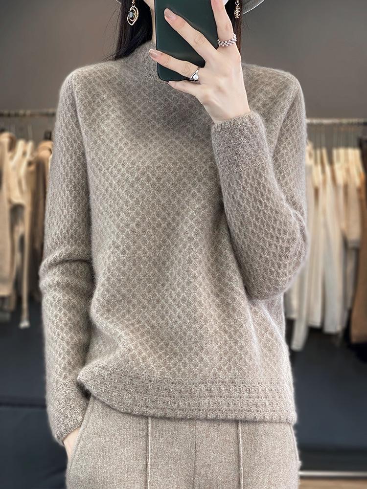 Women's 100% Wool Knitted Semi-High Neck Sweater - Thick, Loose, Slimming Autumn/Winter Wear