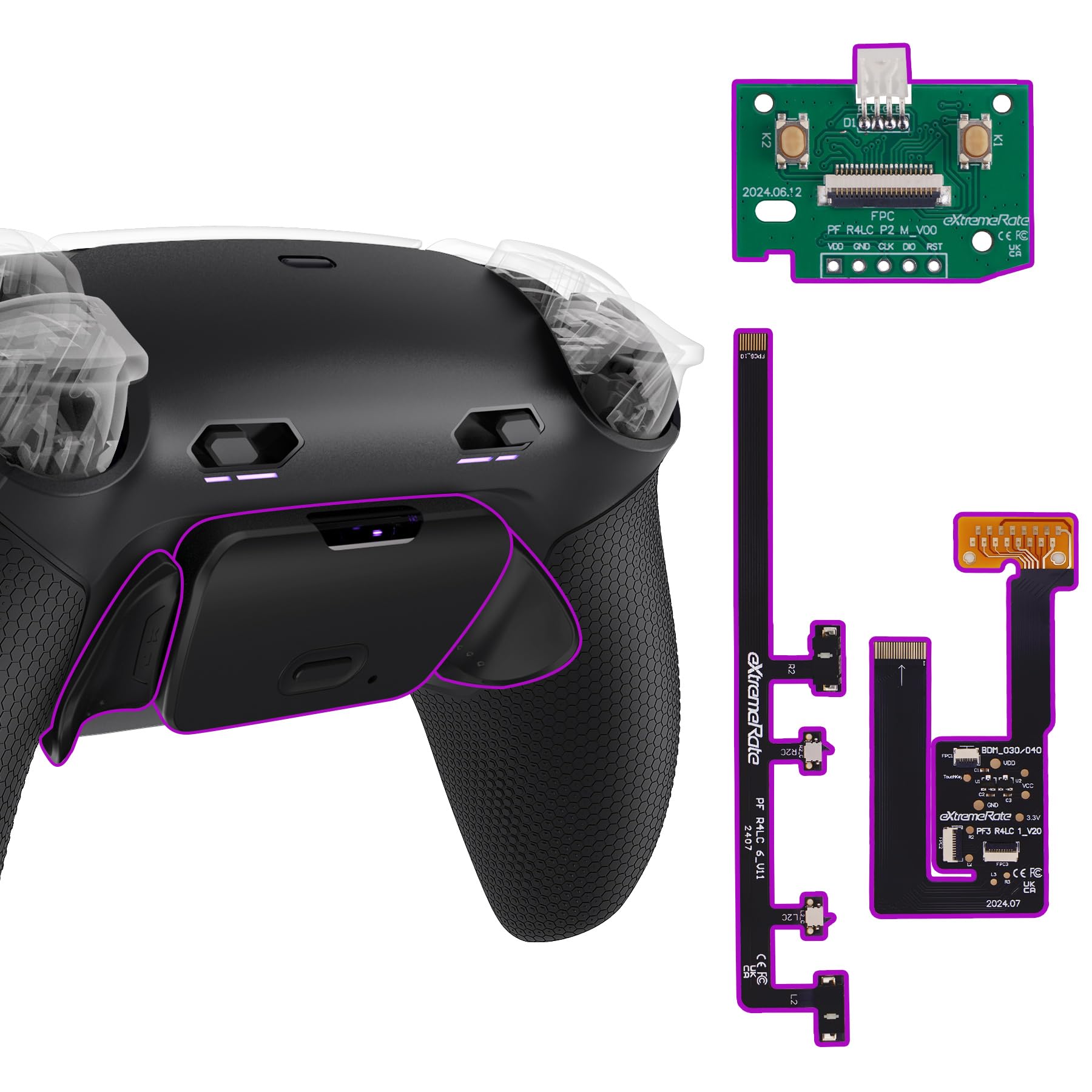 

eXtremeRate RISE Plus MAX Набір задніх пелюсток для контролера PS5 040 050 з нижніми клацаючими стопорами тригерів та гумовим перепризначуваним набором задніх кнопок для PS5 чорний
