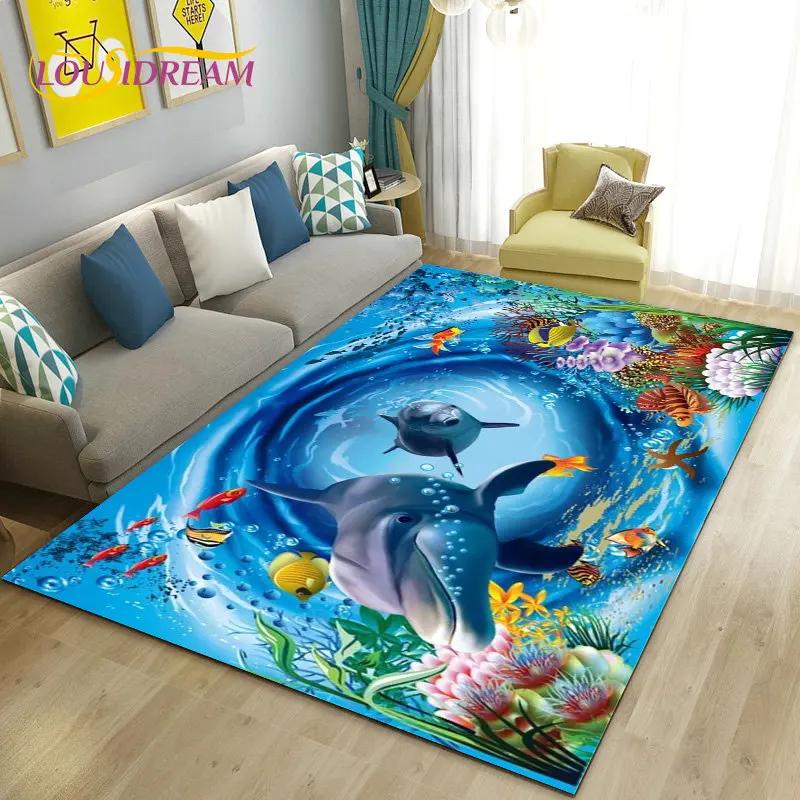 3D illusion Underwater World Seabed Dolphin Shark Area Rug ,Carpet Rug for Living Room Bedroom Sofa Doormat Non-slip Floor Mat