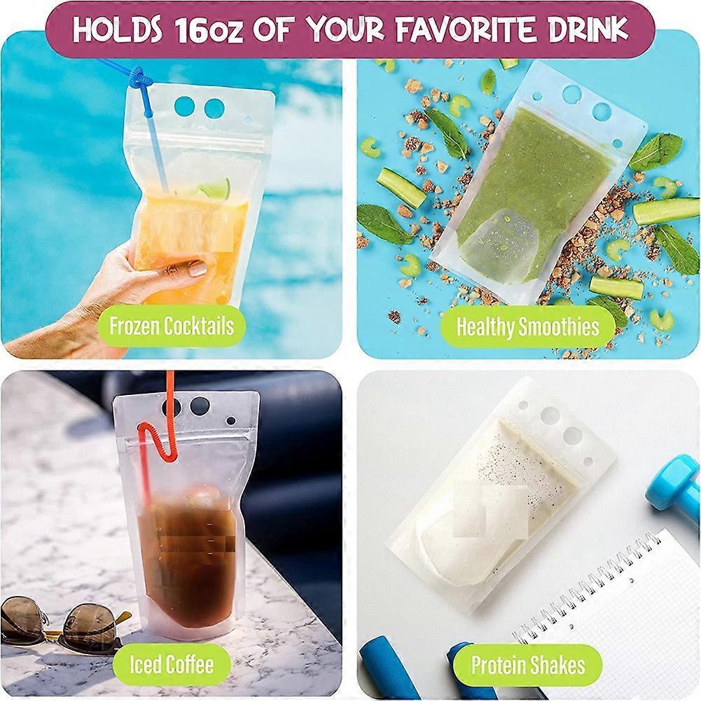 100Pcs 16Oz Drink Pouches for Adults - Drink Pouches with Straws X100 - Resealable Smoothie Pouches
