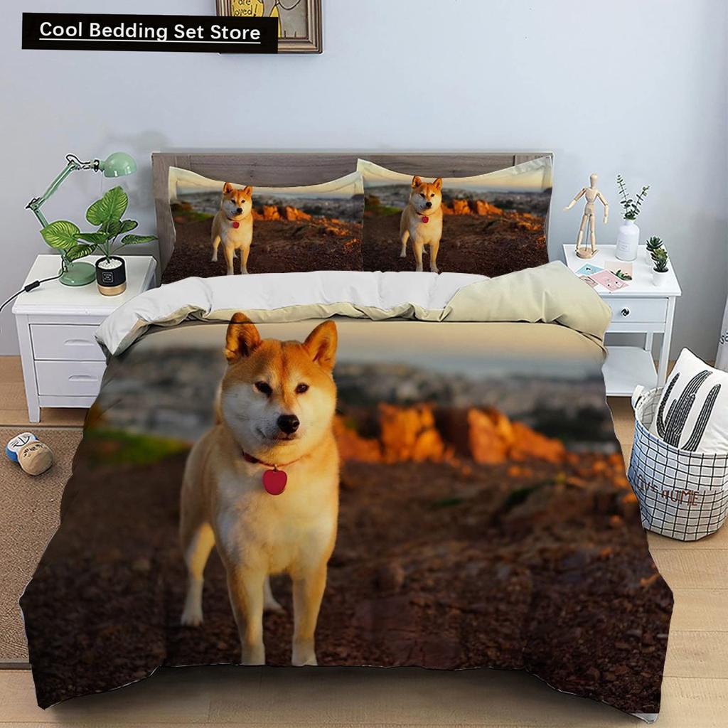 Yellow Shiba Inu King Queen Bedding Set Lovely Puppy Duvet Cover Family Pet Animal Quilt Cover 2/3pcs Polyester Comforter Cover