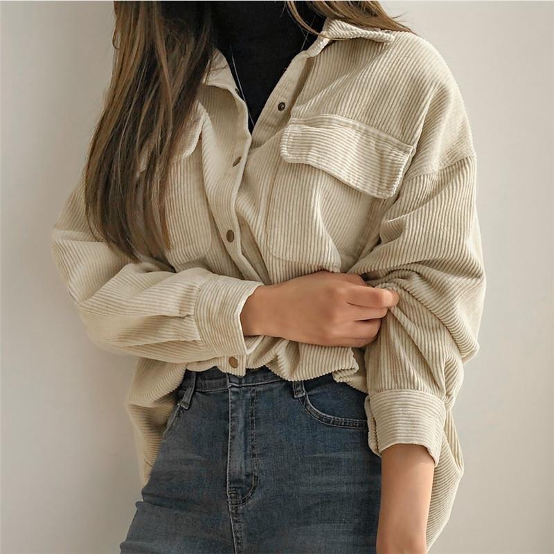 Women's Corduroy Shirt Jacket - Retro Hong Kong Style, Spring/Autumn Outerwear, Loose Fit, Versatile Medium/Long Length.