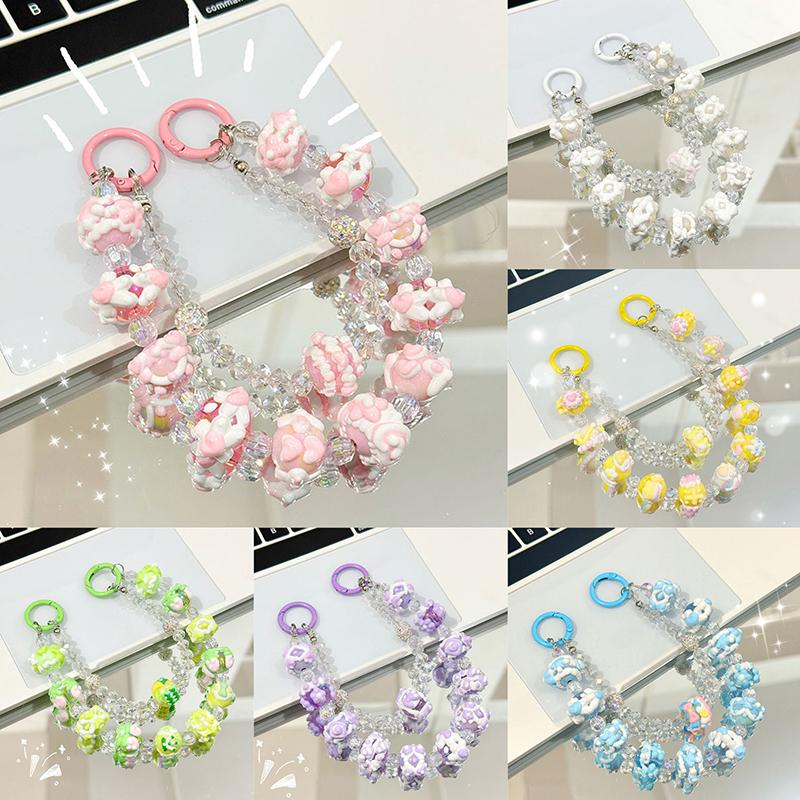 Roztomilý ručně kreslený korálkový řetízek na telefon, sladký přívěsek na klíče, kreativní řemínek na zápěstí proti ztracenému telefonu, dekorace na tašku, dárky