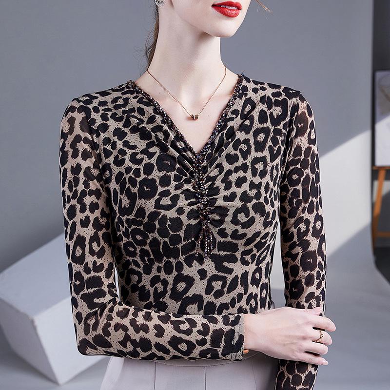 Women's Beaded V-Neck Mesh Long-Sleeve Slim Fit Tee - 2025 Spring/Autumn Collection