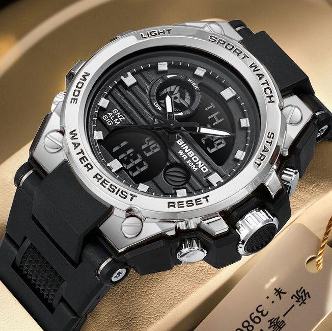 BINBOND LED Digital Watch Men Waterproof Luminous Double Display Quartz Wristwatches Men's Fashion Silicone Band Man Watches