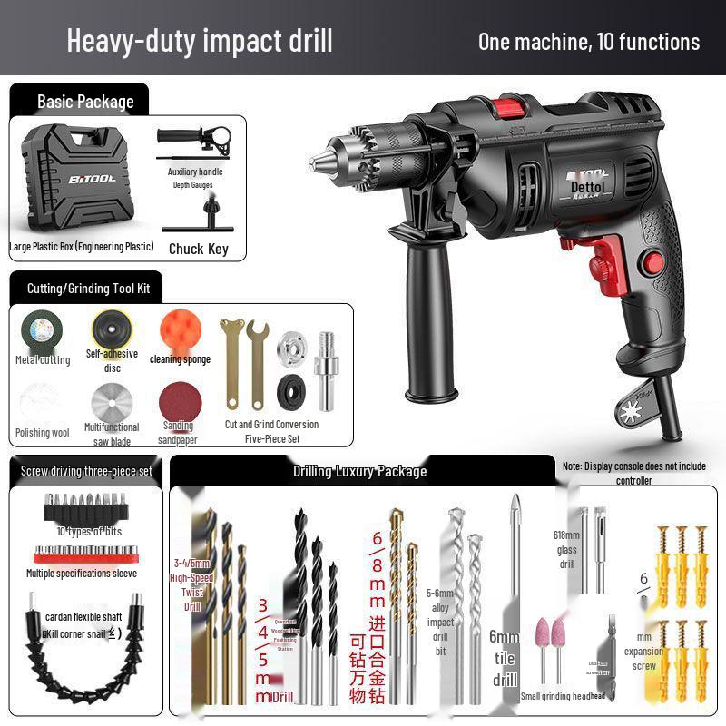 220V Multifunction Handheld Electric Drill & Screwdriver with Pistol Grip, Hammer & Power Tool Functions.