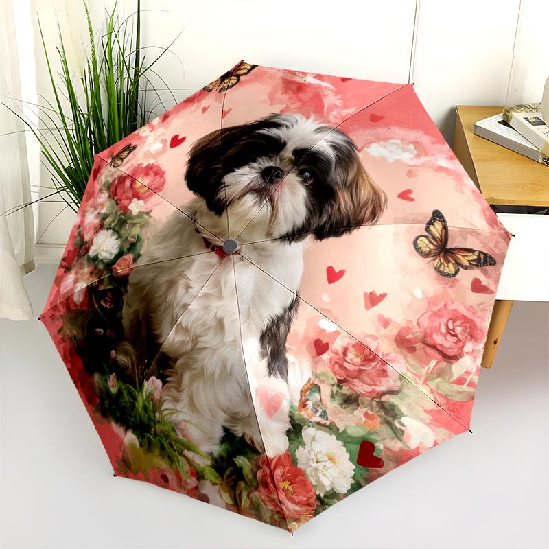 Heart and Shih Tzu pattern, automatic folding umbrella, portable and foldable design, 8 ribs, a Christmas or birthday gift.
