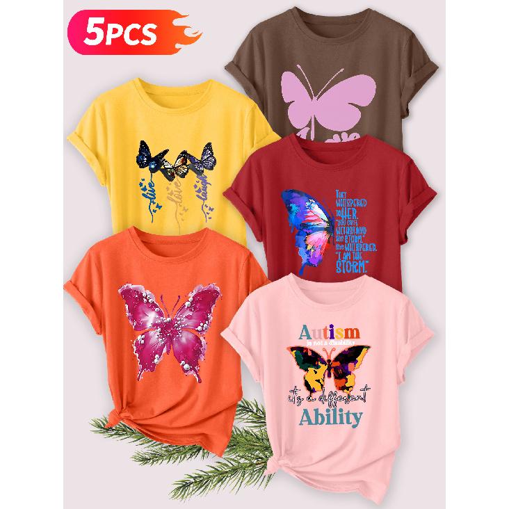 Five-piece set Elegant short-sleeved shirt for women Inspirational Butterfly Print Round Neck Women's Casual Sportswear T Shirt Suitable for spring