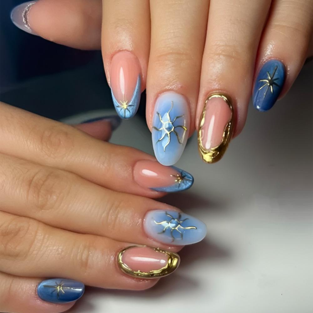 24PCS Purple Cat Eye French Fake Nails Aurora Golden Star Pattern Almond Press On Nails Full Cover Fashion 3D Ripple False Nails