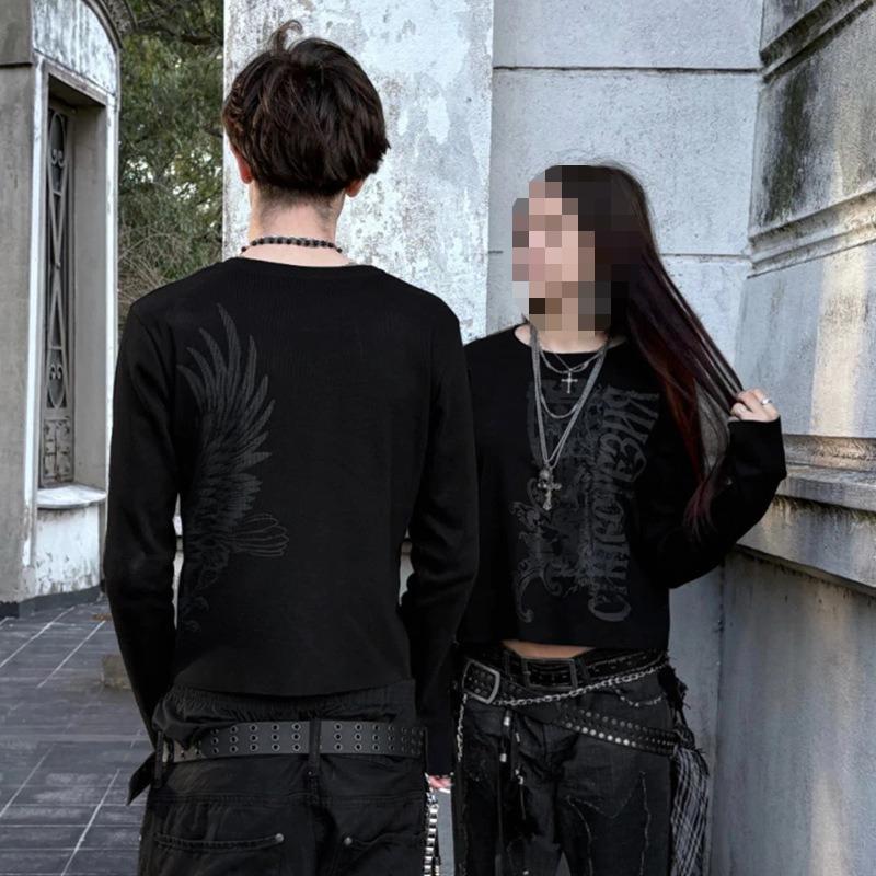 Europäisches und amerikanisches Y2K personalisiertes dunkles bedrucktes Rundhals-Langarm-Retro-Streetwear-Trend-Oberteil
