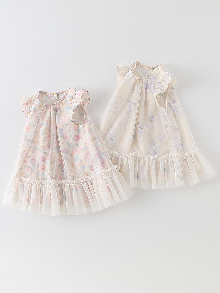 Korean Style Girls' Floral Puff Sleeve Princess Dress with Breathable Mesh Skirt for Infants and Toddlers