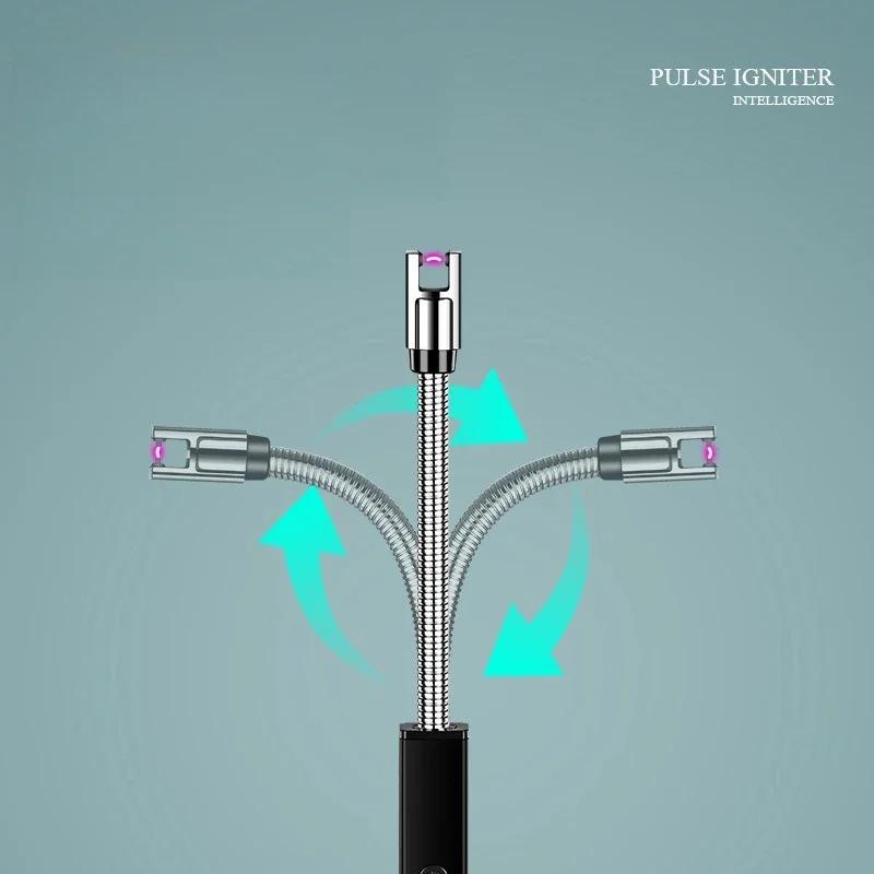 Furtun 720° Rezistent la vânt Aprinzător electronic cu impulsuri Blocare de siguranță Afișaj baterie Bucătărie de camping în aer liber Brichete electrice cu încărcare USB