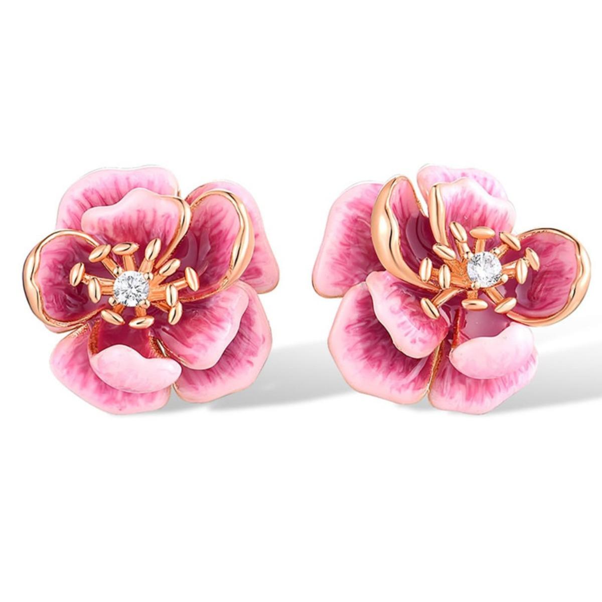 Elegant Sweet Pink Enamel Floral Stud Earrings for Women