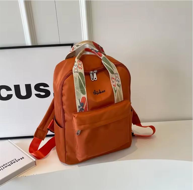 Nylon Fabric Fashion Backpack For Women Floral Hand Strap Pure Color Large Capacity Travel Bag Multi-pocket School Book Rucksack
