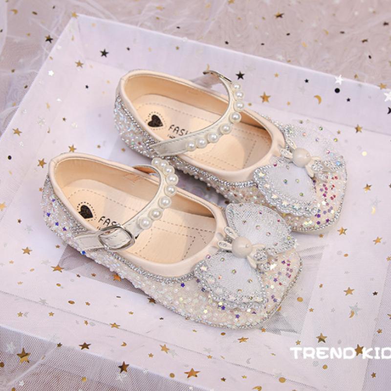 

Детская обувь, туфли принцессы для девочек, повседневные туфли с бантом, кожаные туфли с блестками, туфли Мэри Джейн на мягкой подошве, модные танцевальные туфли со стразами 23-insole14cm покинуть белый