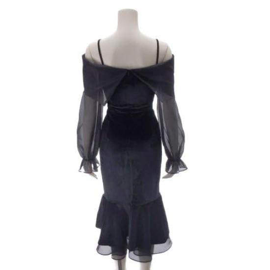 GRAXIA Cabaret Midi Chiffon Velour Size for Hostess and Lounges Dress, Mermaid-Line Off-the-Shoulder Dress, Knee-Length, Women's, Black, L, Hostesses,
