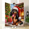 Dachshund In Santa Hat by Fireplace Print Blanket Soft and Cozy Perfect for the Living Room Bed Sofa or a Nap,gift