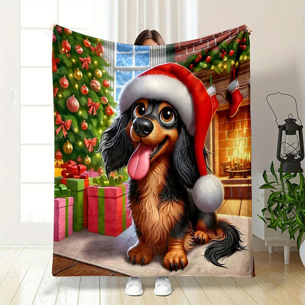 Dachshund In Santa Hat by Fireplace Print Blanket Soft and Cozy Perfect for the Living Room Bed Sofa or a Nap,gift