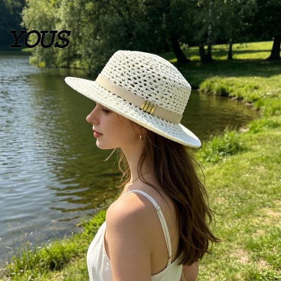 Fashionable Sun Hat for Holiday Women Wide Brim Straw Hat, with Retro Leather Belt, Lightweight Protection UV Foldable Breathable Travel Summer Beach