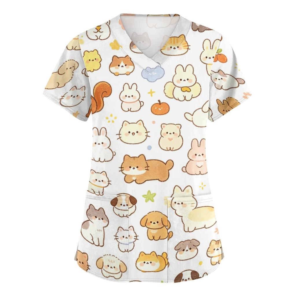 Women's V Neck Short Sleeve Work Top with Pockets Animal Print Scrub Shirt for Healthcare Professionals Medical Uniform
