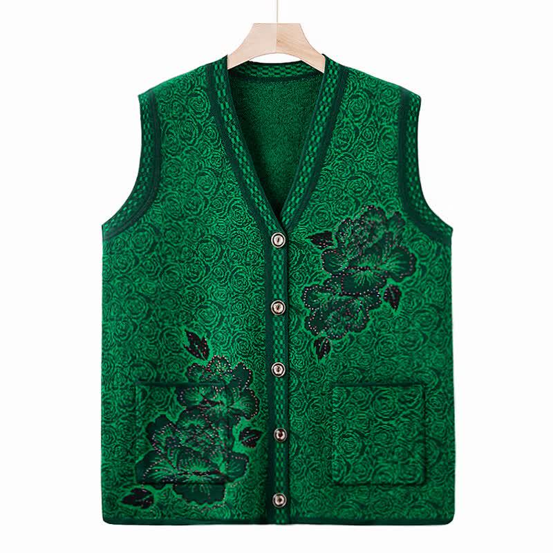 Xiaofu Elderly Women's Loose Fit V-Neck Knitted Vest Cardigan